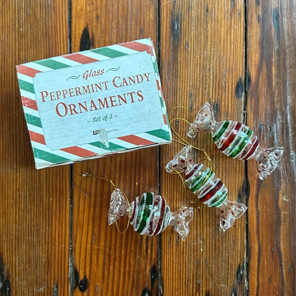 Set of 3 vintage Glass Peppermint Candy Ornaments